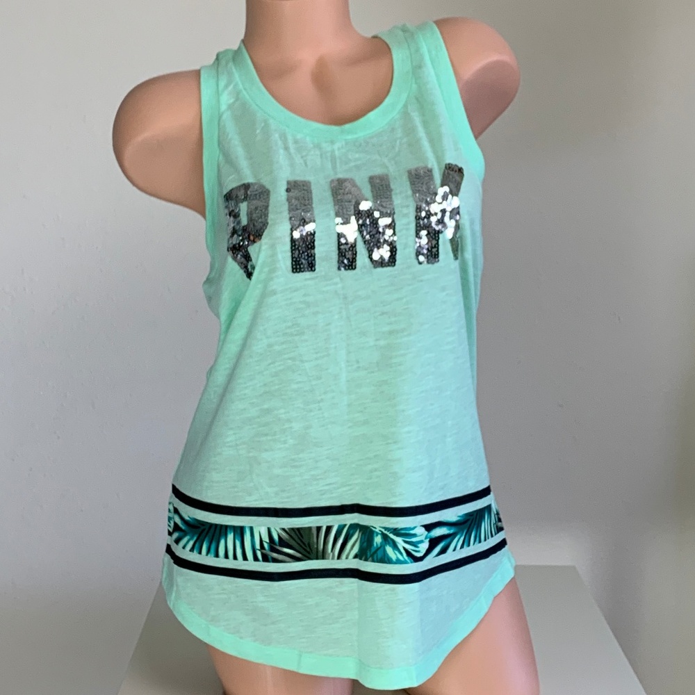 Victoria’s Secret PINK Tank Top Silver Sequin Bling Tropical Green Palms Fern S